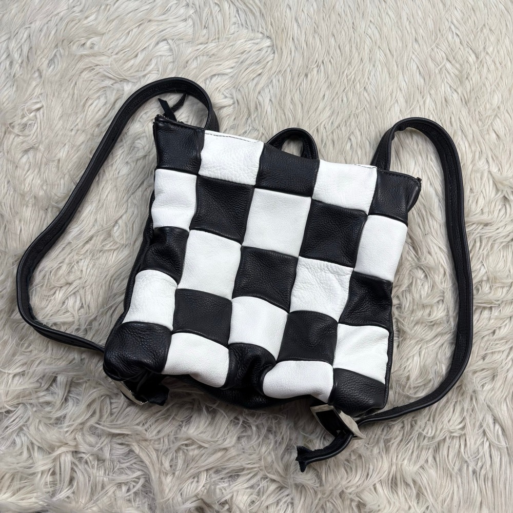 Unbranded Artisan Checkered Leather Backpack Black White Dopamine Minimalist